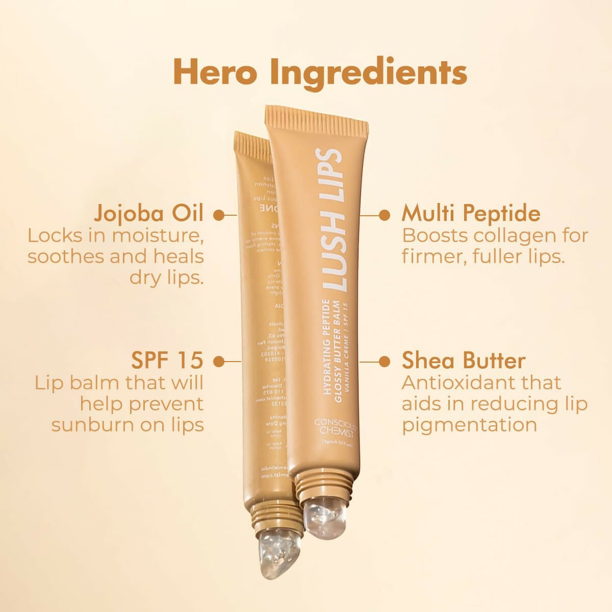 Conscious Chemist Peptide Lip Balm, Lush Lips with SPF15 - Vanilla Creme