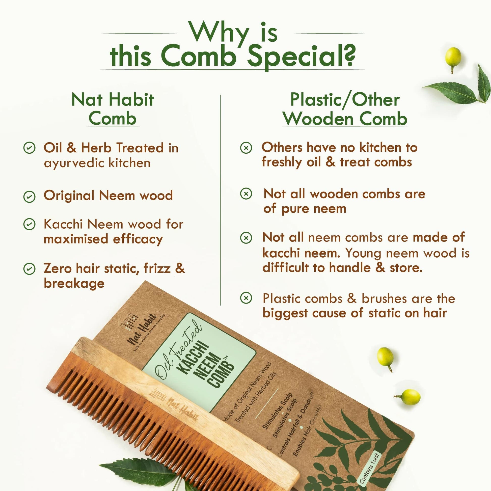 Nat Habit Kacchi Neem Wooden Comb - Soaked In 13 Herbs, Neem & Sesame Oil For Multi-Actions