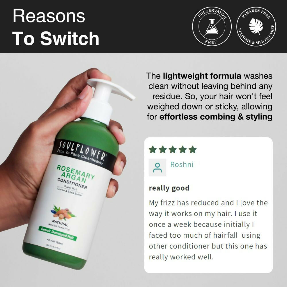 Soulflower Rosemary Argan Conditioner for Dry & Frizzy Hair, Damage Repair, Cocoa & Shea Butter