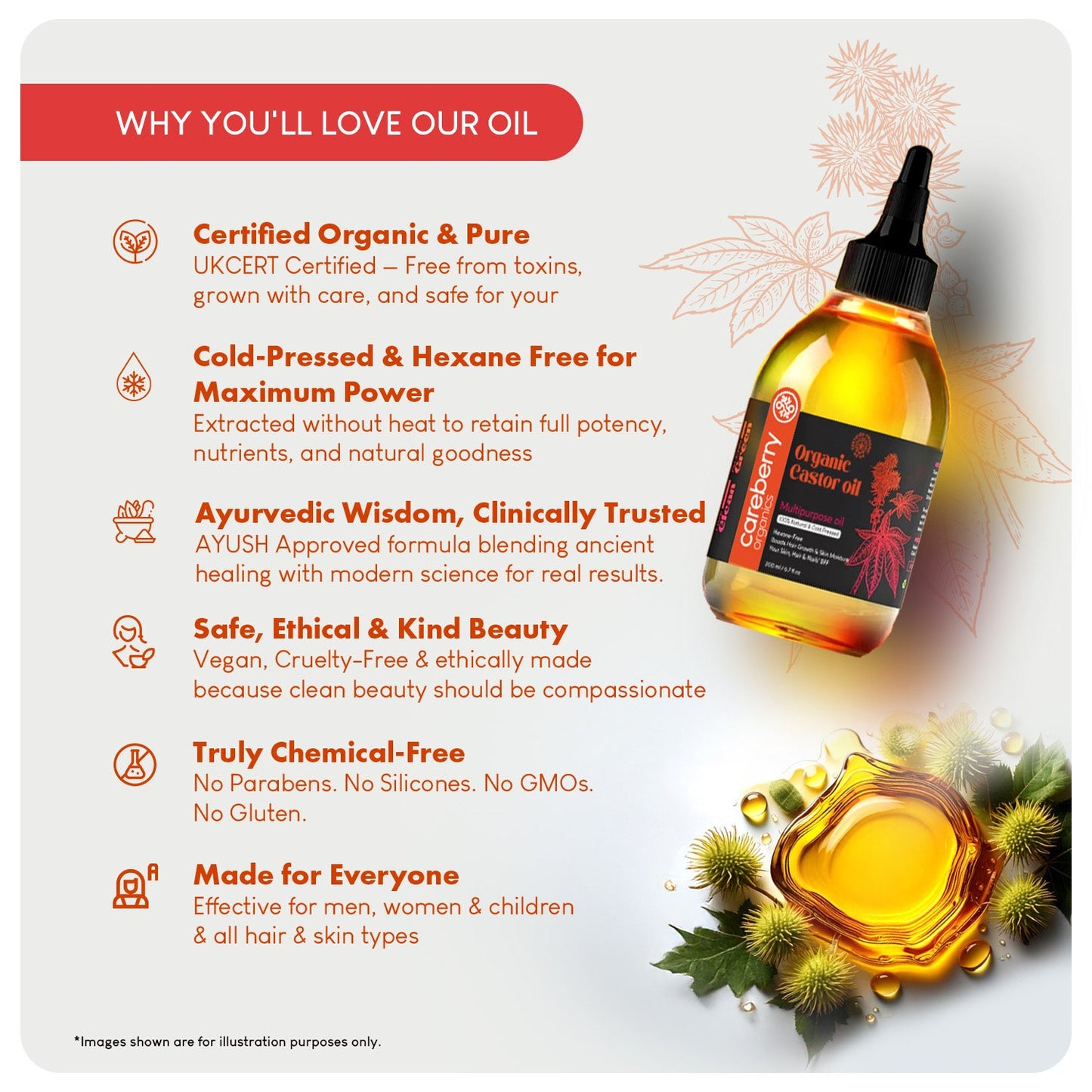 Careberry Organic Cold Pressed Castor Oil (Arandi Oil)