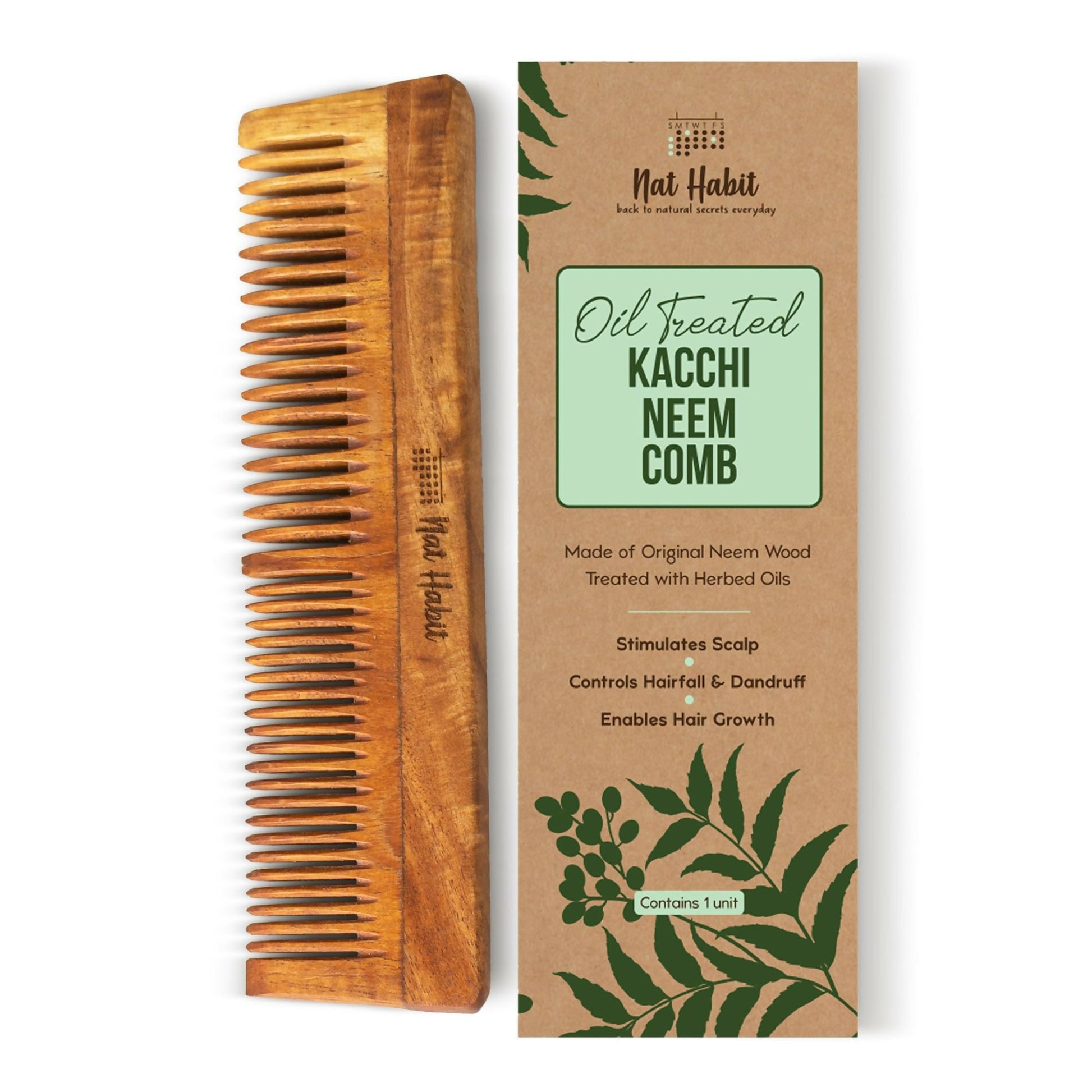 Nat Habit Kacchi Neem Wooden Comb - Soaked In 13 Herbs, Neem & Sesame Oil For Multi-Actions