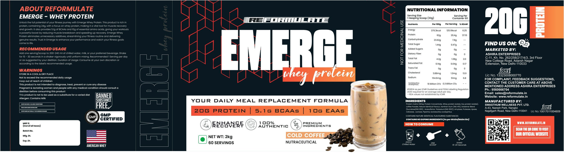 Reformulate Emerge I Whey Protein I Your Daily Meal Replacement Formula I 20 G I Protein I 5.1 G Bcaa's I 10 G Eaa's - Cold Coffee
