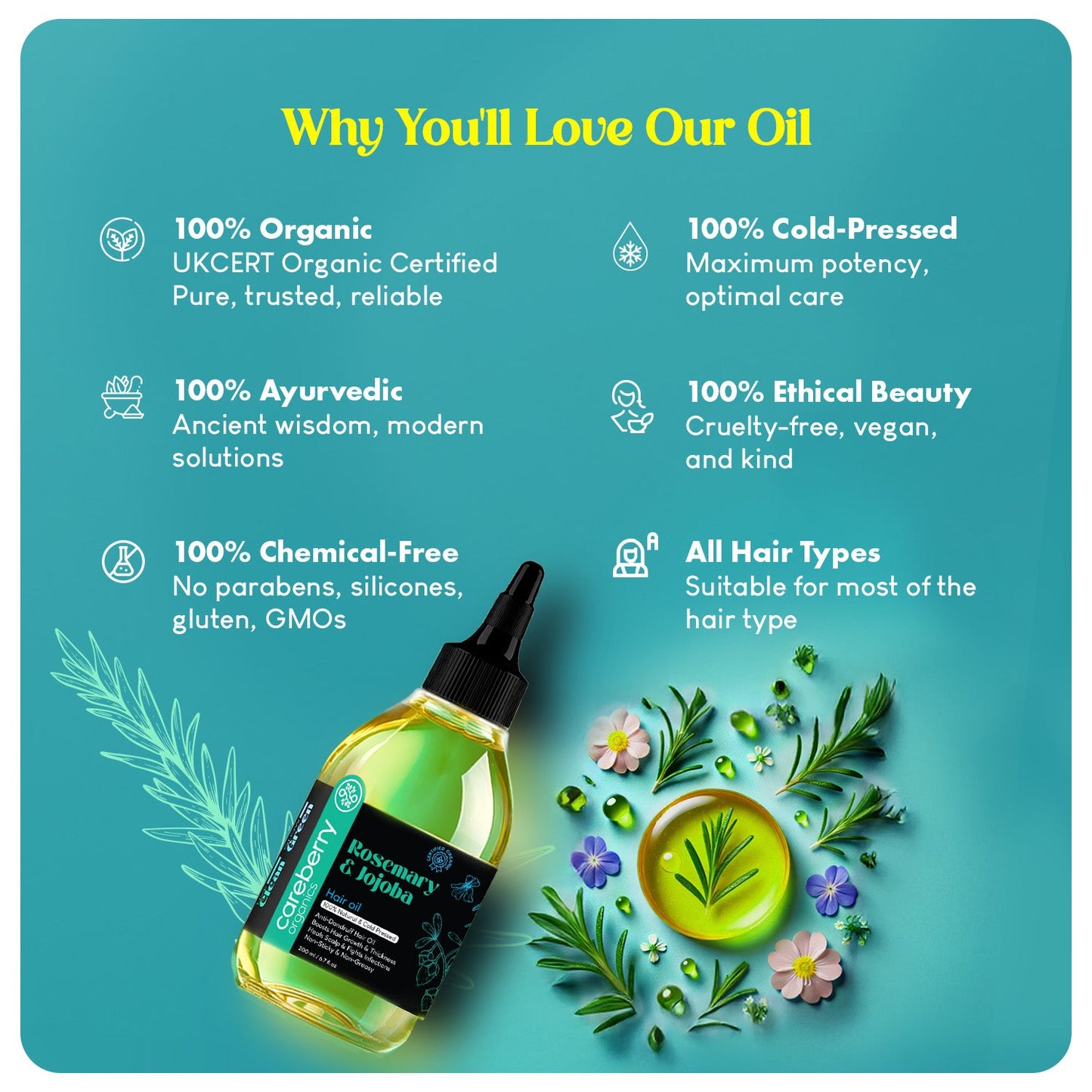 Careberry 100% Organic Rosemary & Jojoba Anti Dandruff Hair Oil