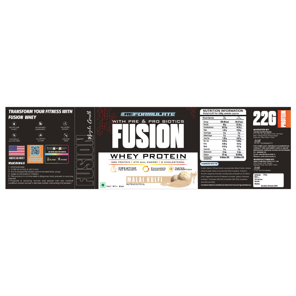 Reformulate Fusion Whey Protein With Pre & Pro Biotics I Muscle Growth I 58G Protein | 379 Kcal Energy - Malai Kulfi