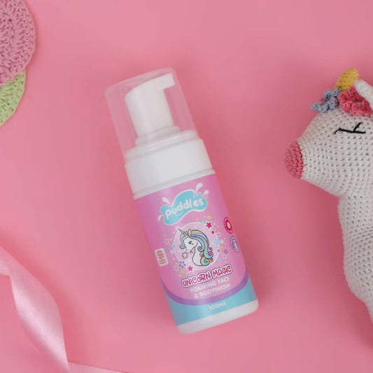 Puddles Organic Unicorn Magic Kids Foaming Face & Body Wash with Turmeric, Milk Protein, Neroli Oil