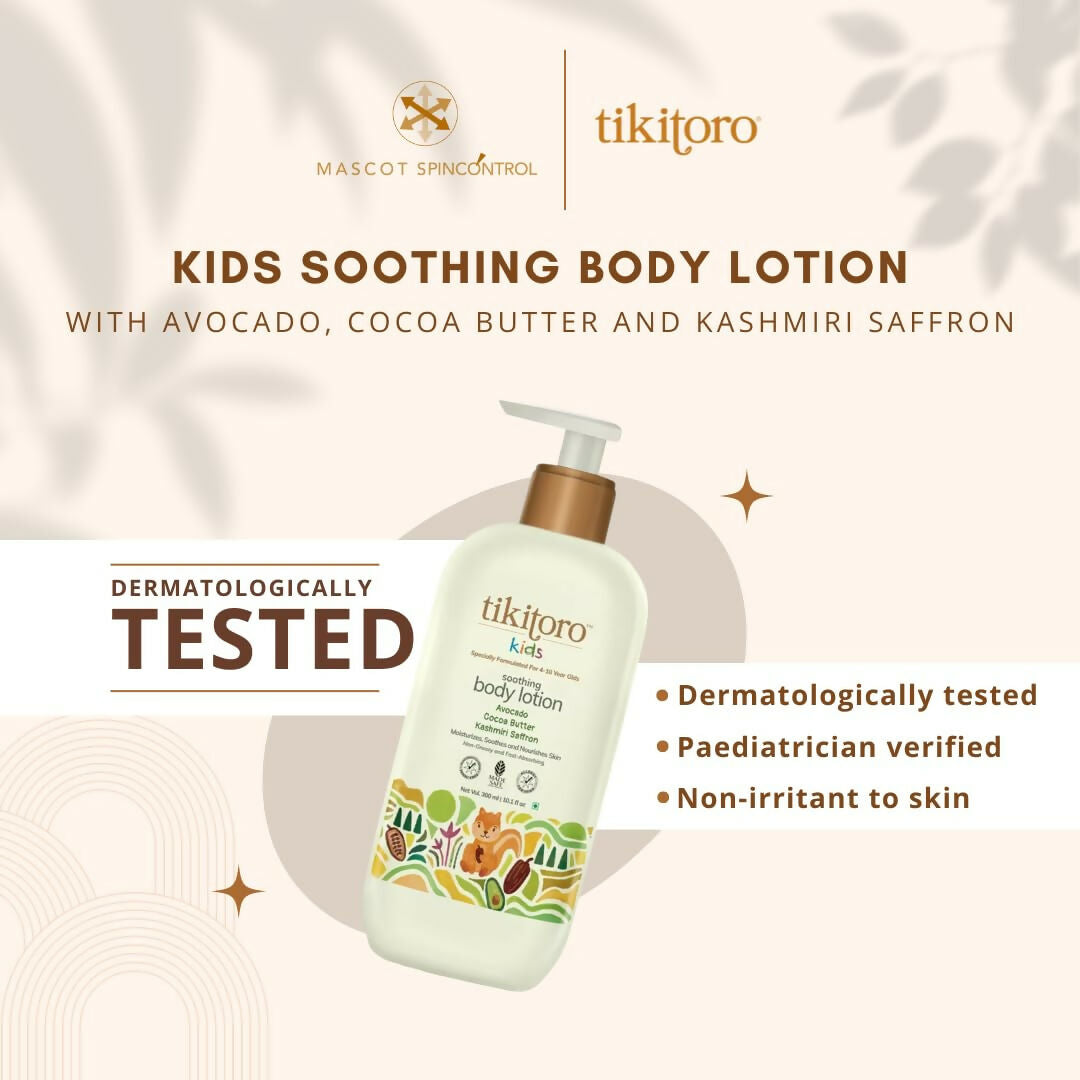 Tikitoro Kids Soothing Body Lotion 100% Vegan with Avocado, Cocoa Butter, Kashmiri Saffron Extract, Moisturizes, Soothes & Nourishes Skin