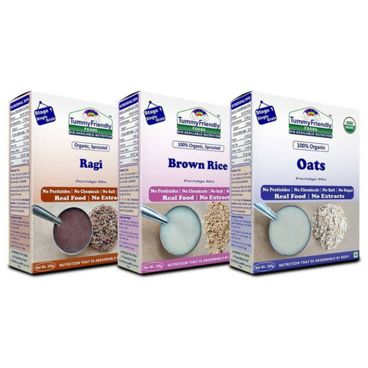 TummyFriendly Foods Organic Stage1 Sprouted Porridge Mixes Combo Pack - Sprouted Ragi, Sprouted Brown Rice and Oats