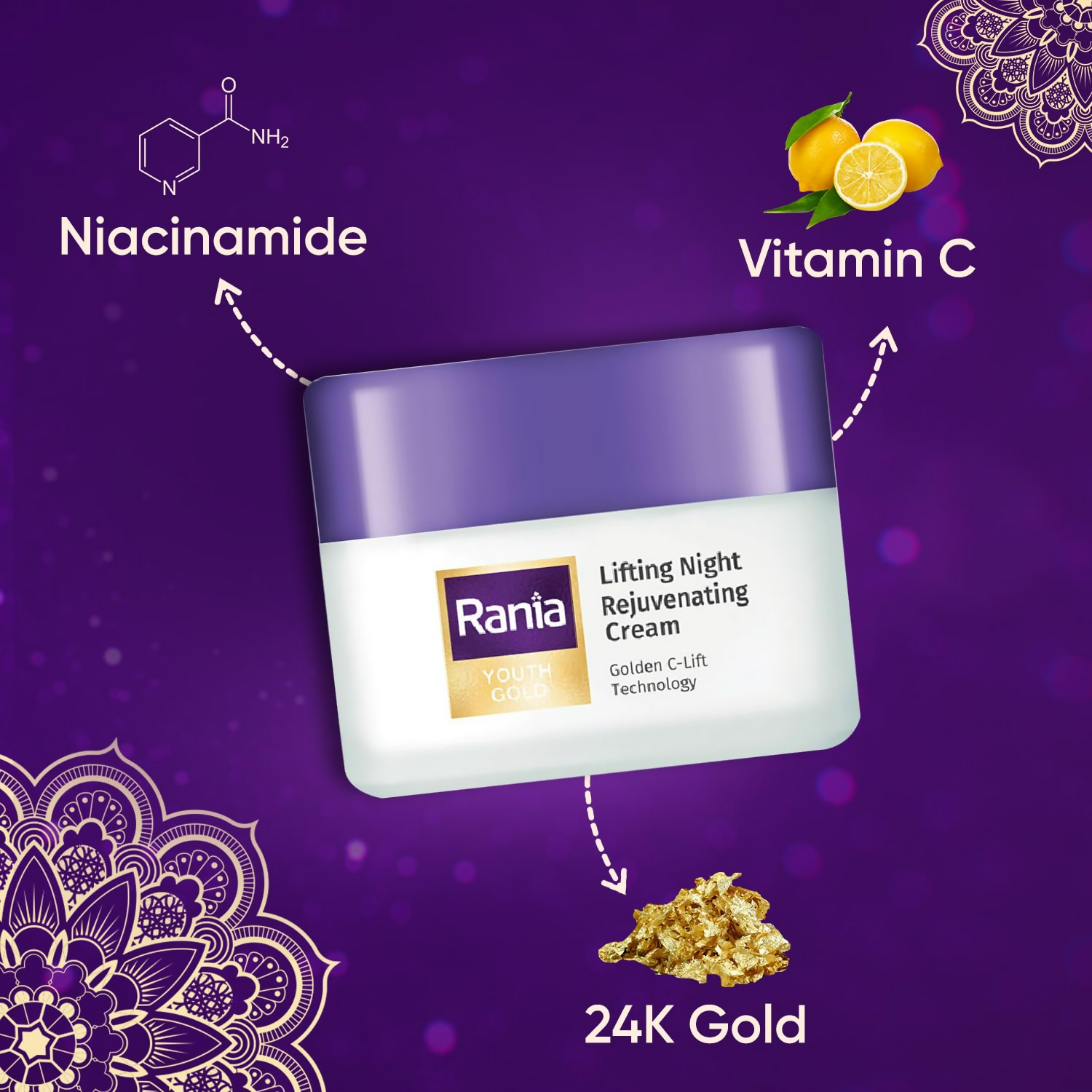 Rania Night Cream with Vitamin C, 24K Gold, Niacinamide