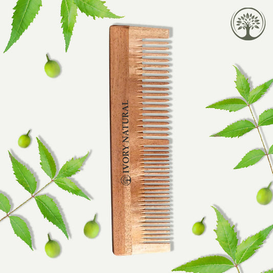 Ivory Natural Dual Tooth Kacchi Neem Comb Infused With Organic Oil For Gentle Detangling And Straightning Hair