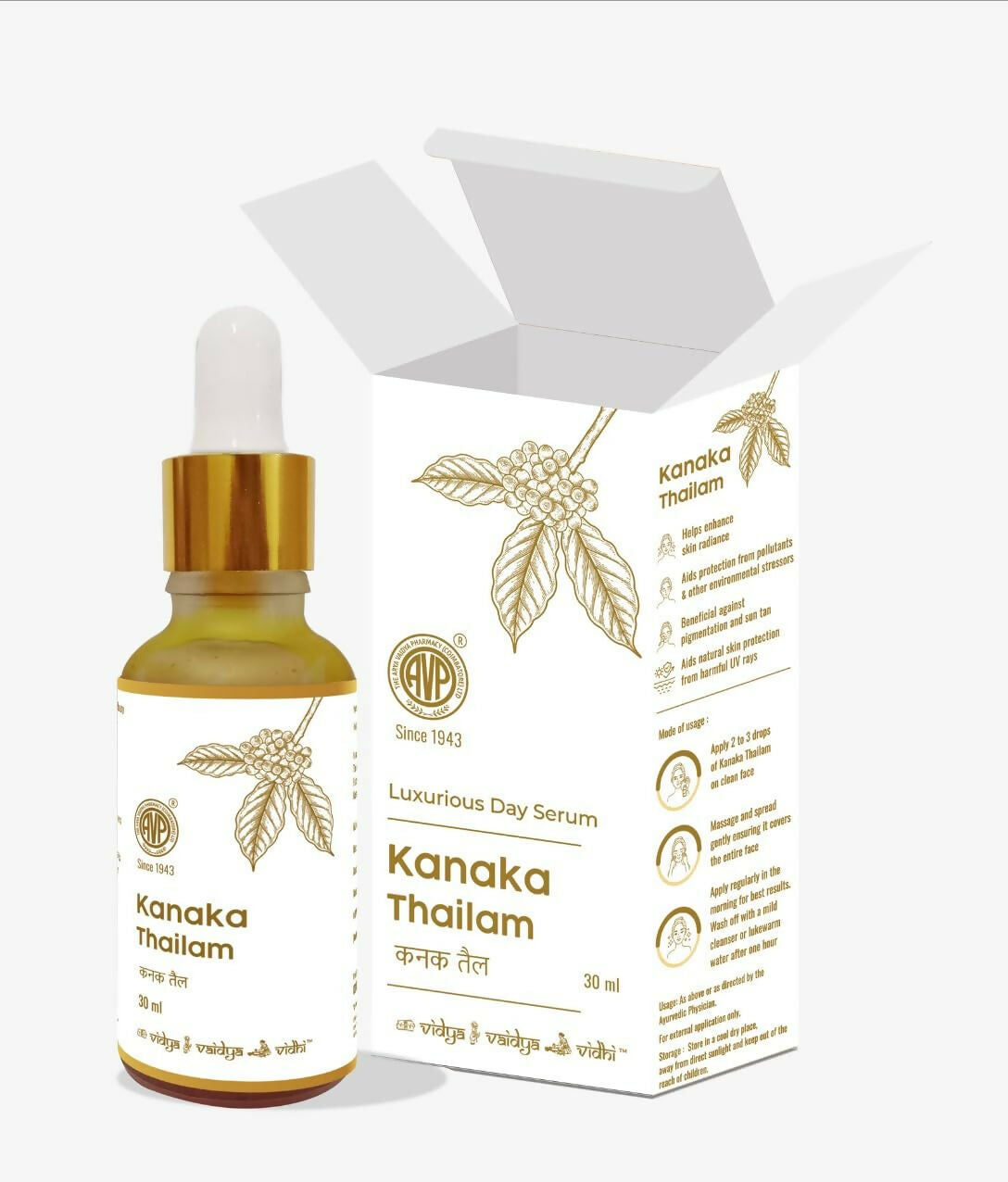 AVP Ayurveda Kanaka Thailam Day Serum Infused with Beauty Berry and Sandalwood, Ayurvedic Herbal Face Oil