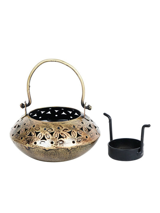 CraftVatika Gold -Toned Metal Degchi Hanging Tealight Candle Holder