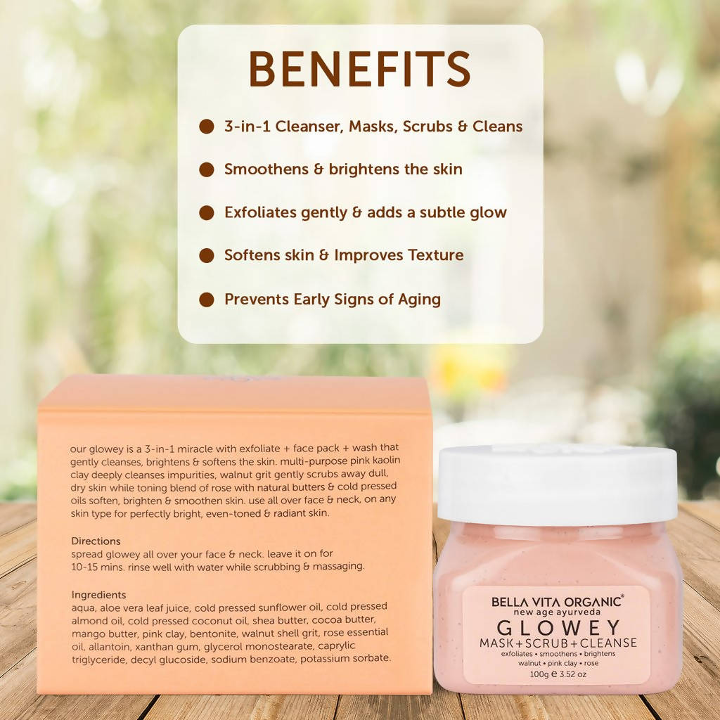 Bella Vita Organic New Age Ayurveda Glowey Mask + Scrub + Cleanse benefits