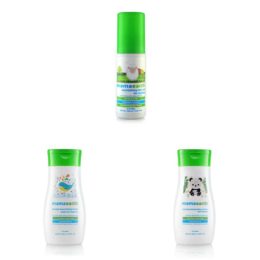 Mamaearth Daily Moisturizing Lotion & Deeply Nourishing Wash & Nourishing Hair Oil for Babies