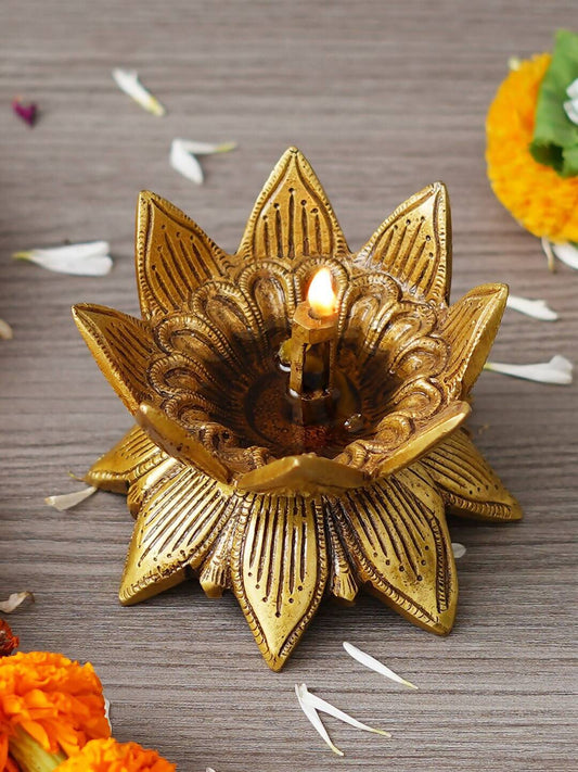 eCraftIndia Gold Toned Lotus Flower Designer Brass Diya