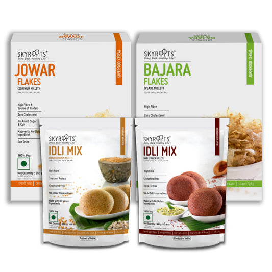 Skyroots Jowar Flakes + Bajara Flakes + Ragi Idli Mix + Jowar Idli Mix Combo Pack