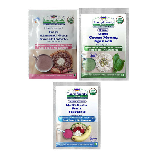 TummyFriendly Foods Stage3 Porridge Mixes Trial Packs - Ragi, Oats, MultiGrain Organic Baby Food for 8 Months Old Baby