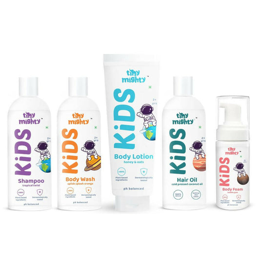 Tiny Mighty Kids Body Wash, Body Foam Wash, Body Lotion, Shampoo & Hair Oil Combo