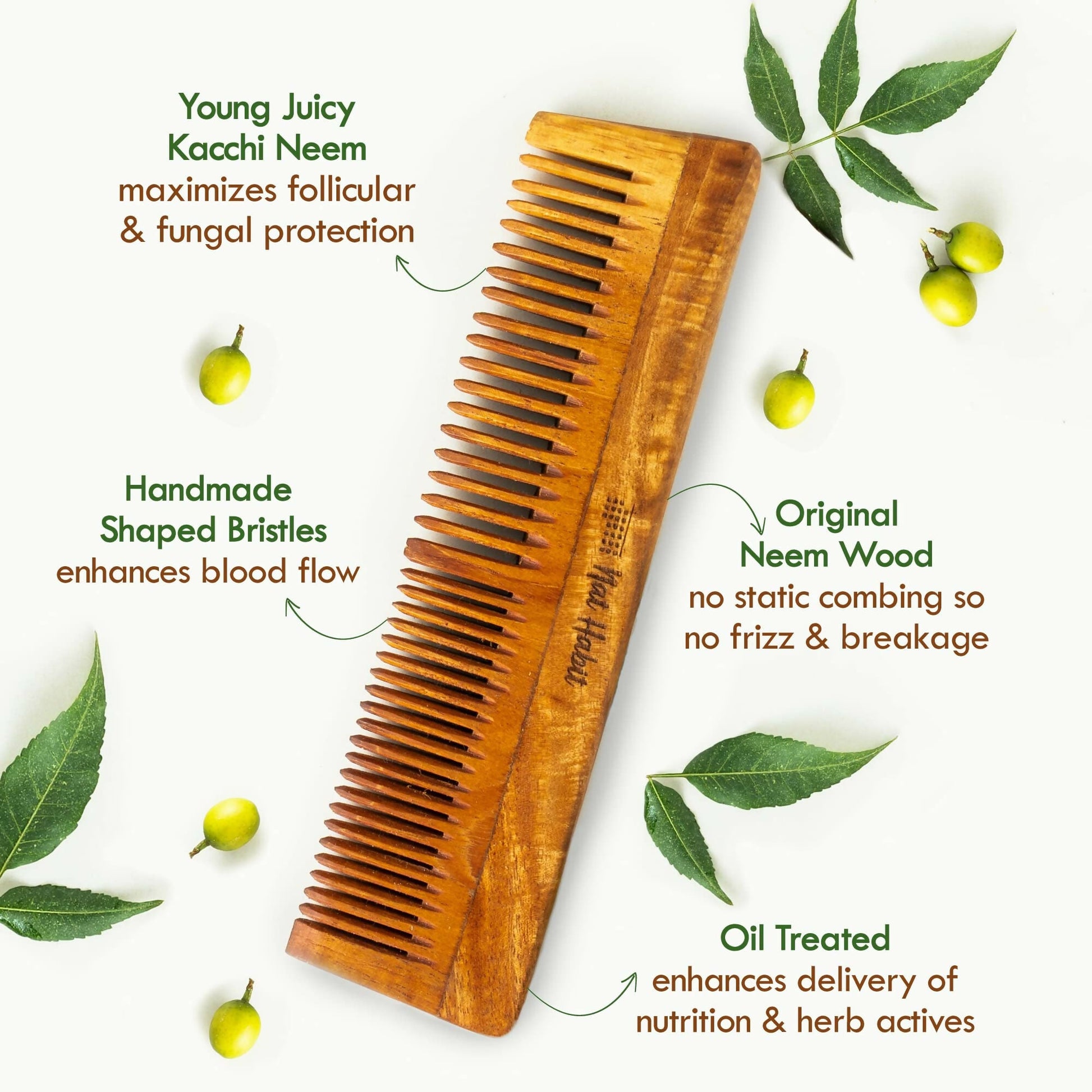 Nat Habit Kacchi Neem Wooden Comb - Soaked In 13 Herbs, Neem & Sesame Oil For Multi-Actions