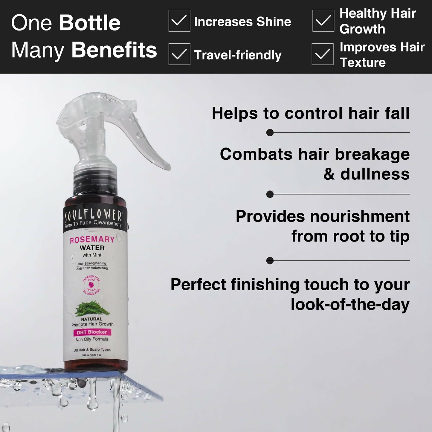 Soulflower Rosemary Water Spray with Mint For Hair growth, Hair fall control, Scalp health, Hair damage protection, Anti frizz