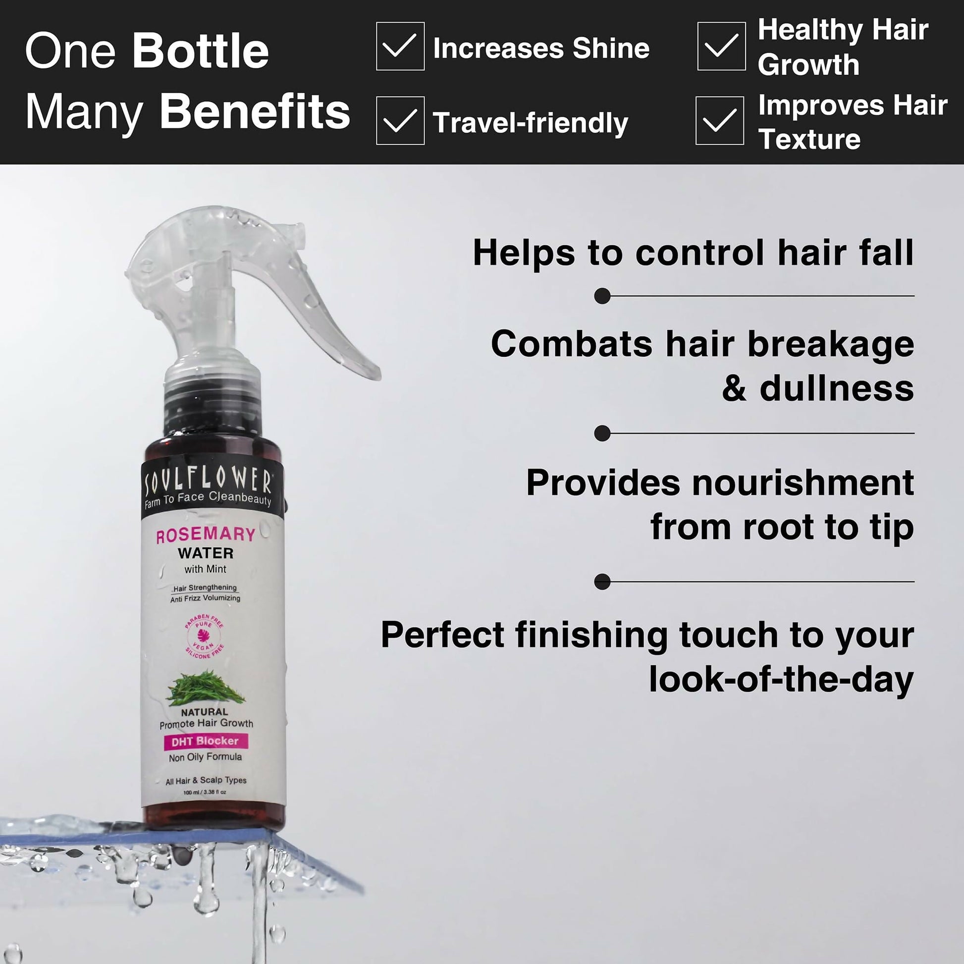 Soulflower Rosemary Water Spray with Mint For Hair growth, Hair fall control, Scalp health, Hair damage protection, Anti frizz