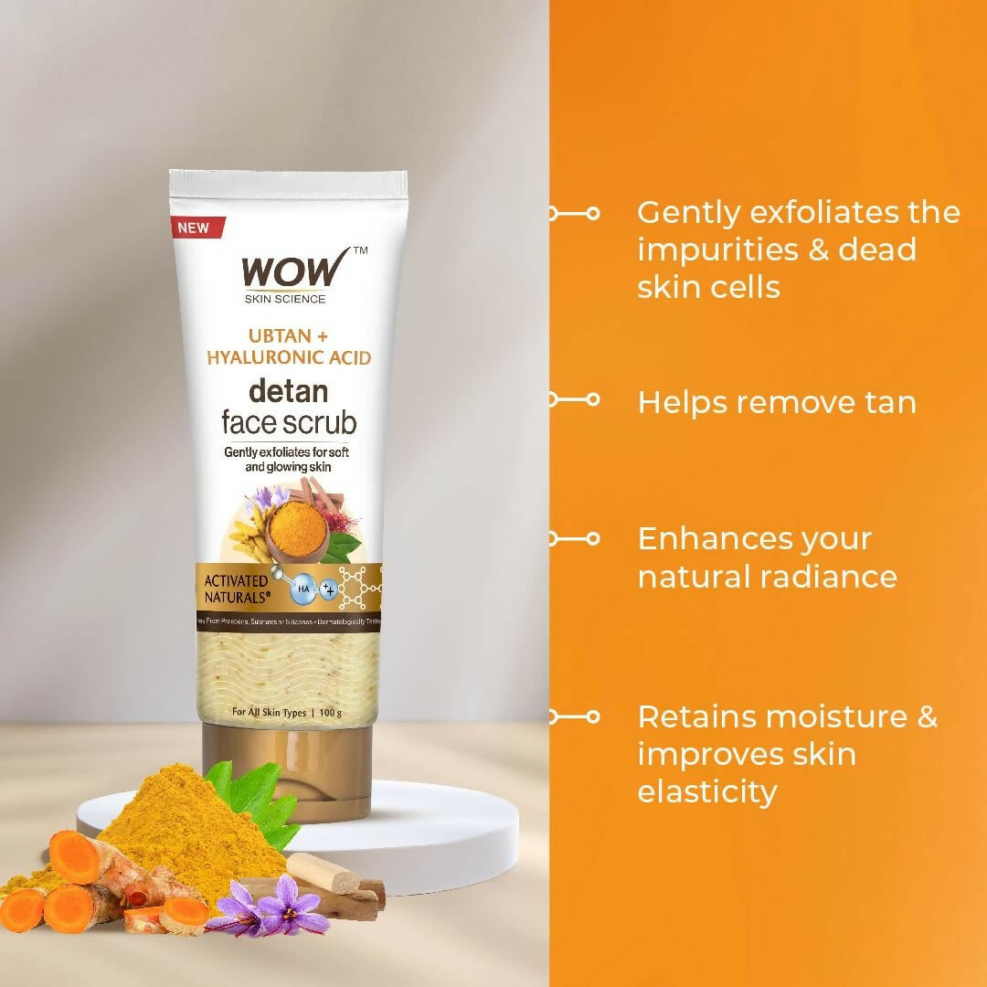 WOW Skin Science Ubtan + Hyaluronic Acid Detan Face Scrub For Gently Exfoliates, Removes Impurities, Hydrates Skin