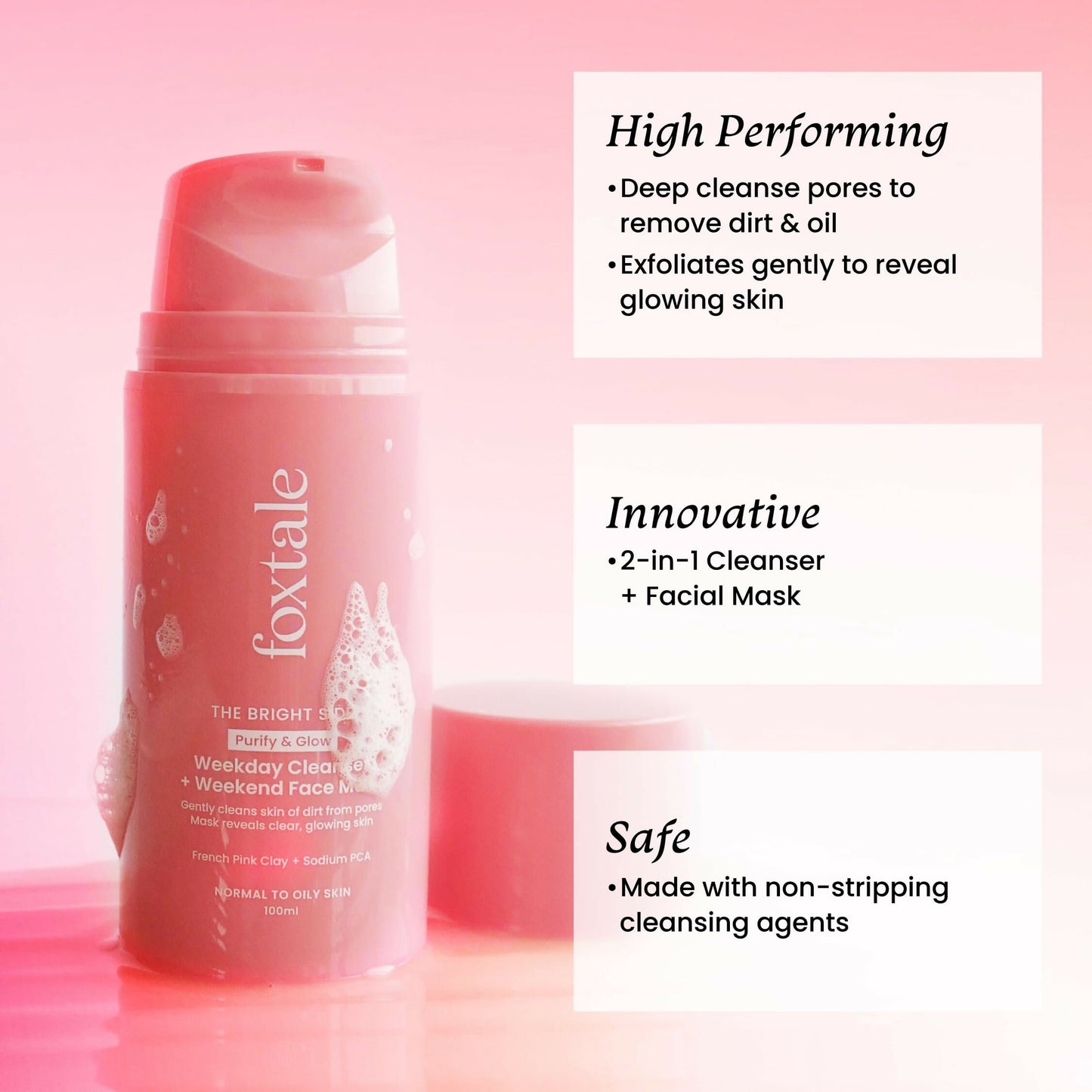 Foxtale Purify & Glow Cleanser + Mask With French Pink Clay & Sodium