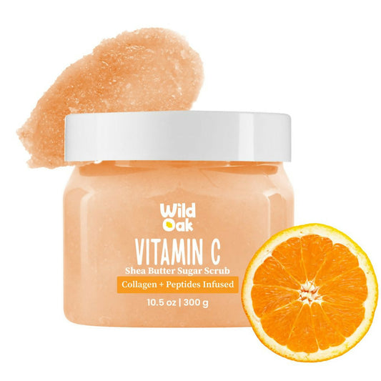 Wild Oak Vitamin C Shea Butter Sugar Scrub with AHA, Vegan Collagen & Peptides For Tan Removal & Smooth Skin