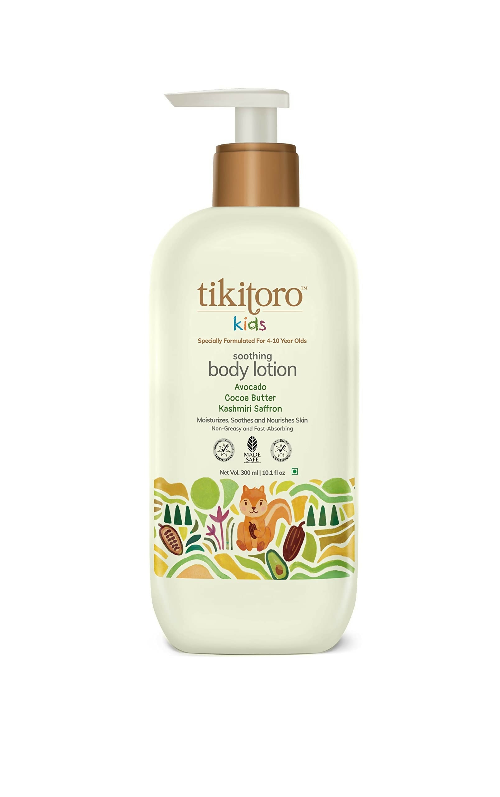 Tikitoro Kids Soothing Body Lotion 100% Vegan with Avocado, Cocoa Butter, Kashmiri Saffron Extract, Moisturizes, Soothes & Nourishes Skin