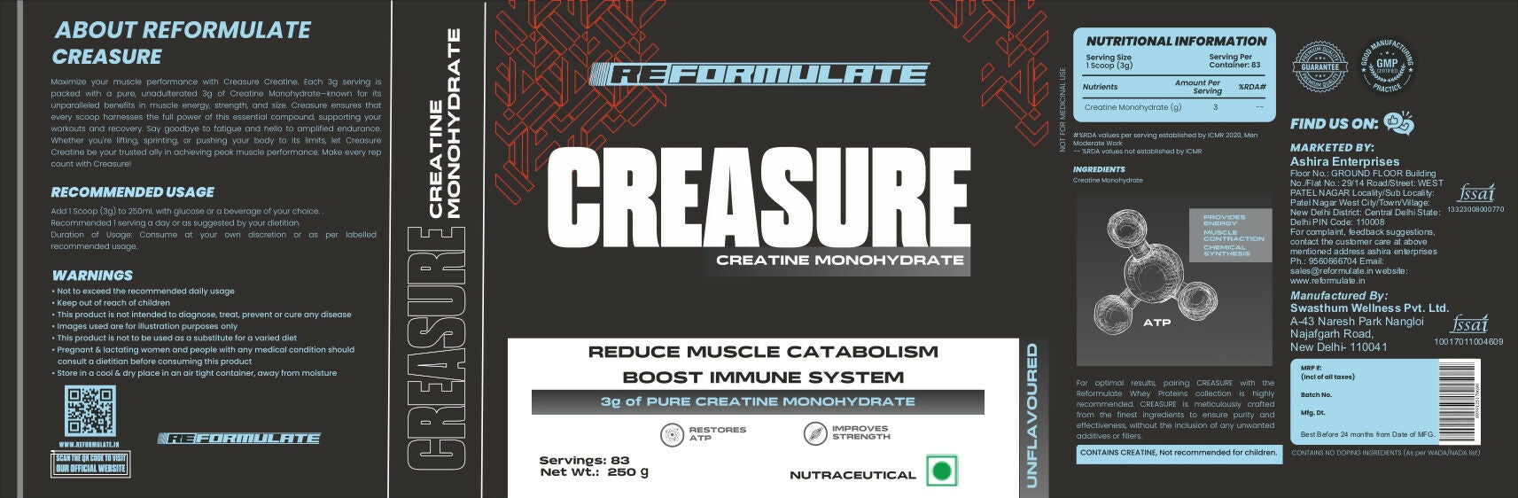 Reformulate Creasure I Creatine Monohydrate I Boost Immune System 3G Of Pure Creatine Nutraceutical - Unflavoured
