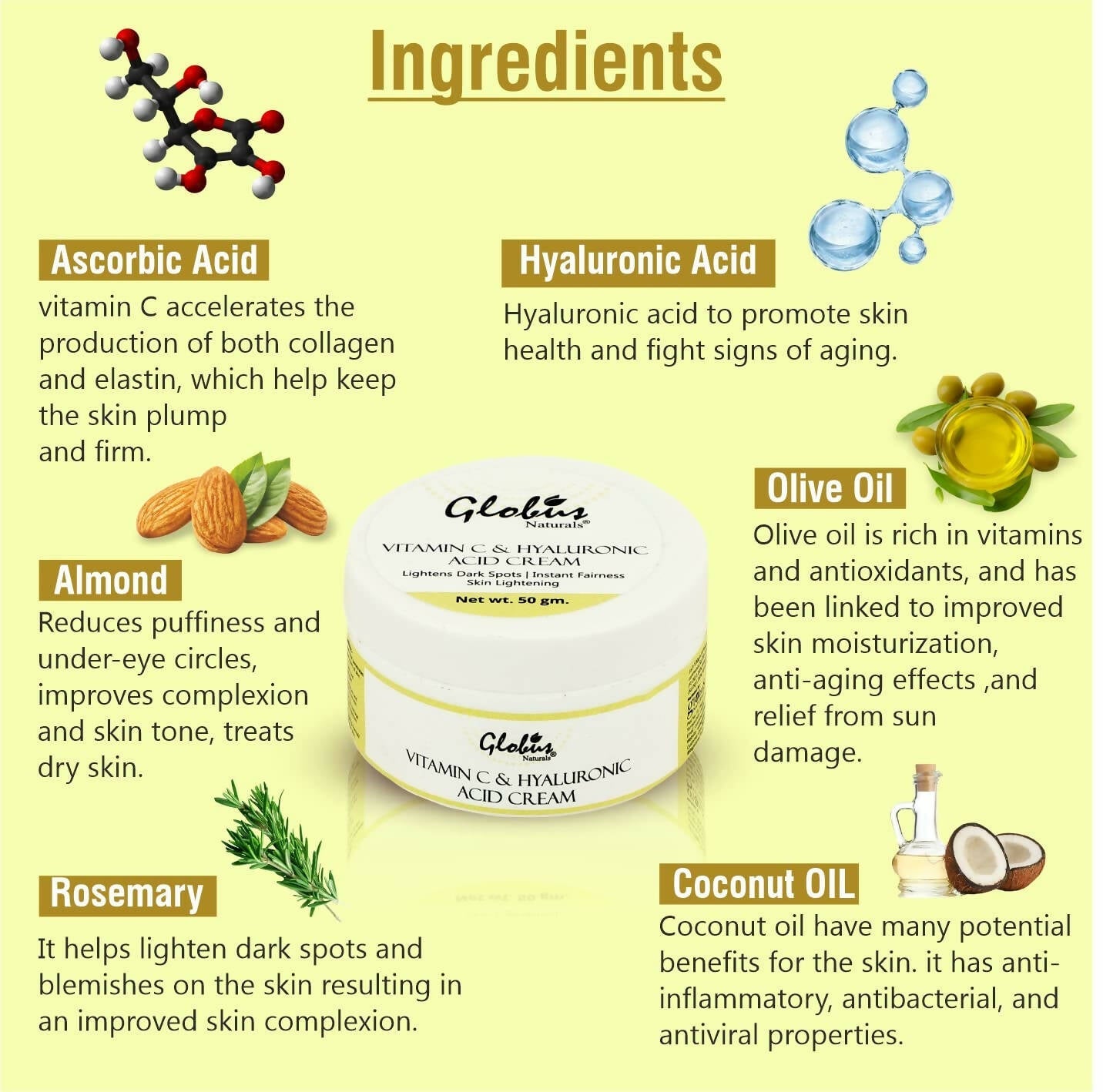 Globus Naturals Hyaluronic Acid and Vitamin C skin Lightening Brightening Cream
