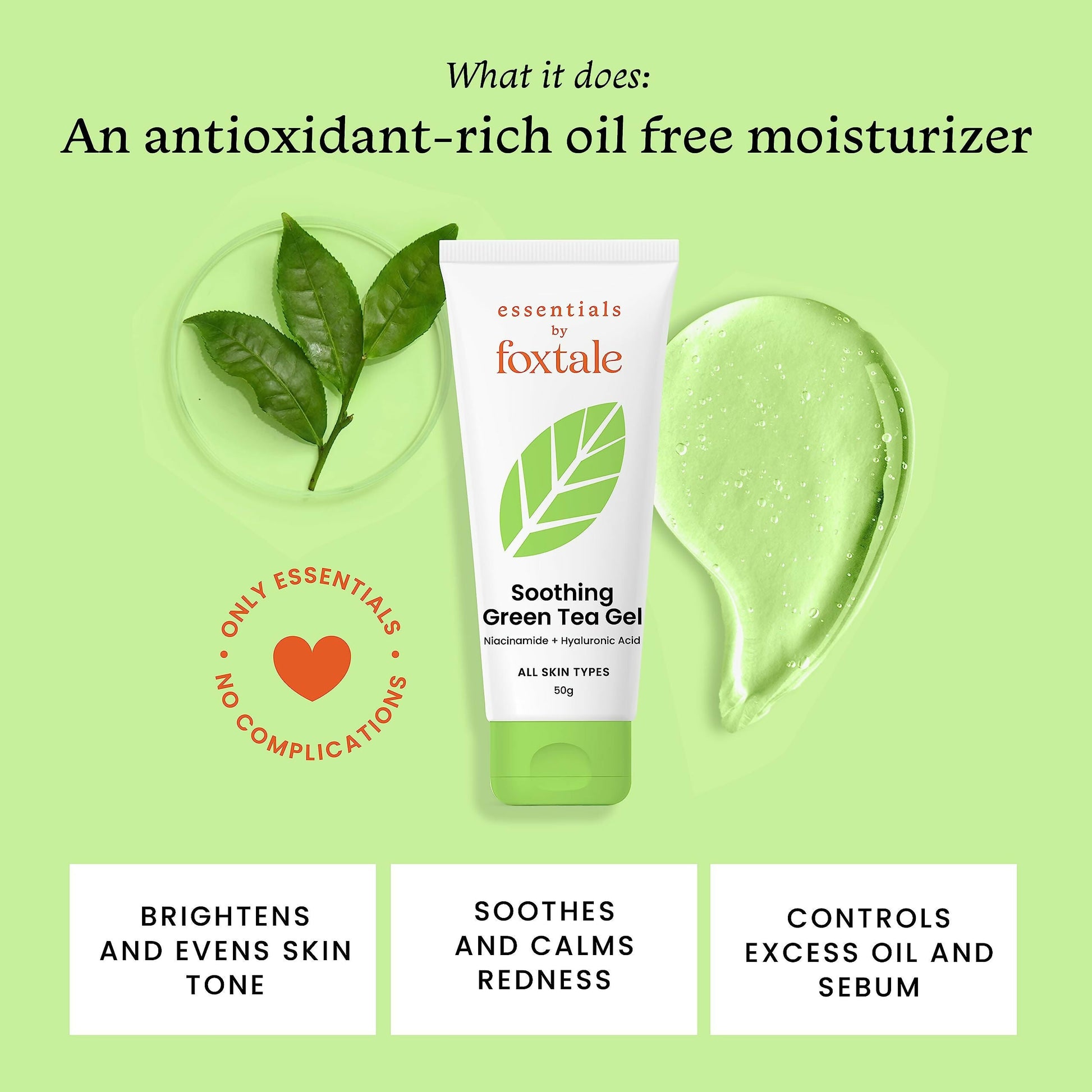 Foxtale Essentials Green Tea Oil-Free Gel Face Moisturizer - Hydrates, Brightens And Prevents Acne