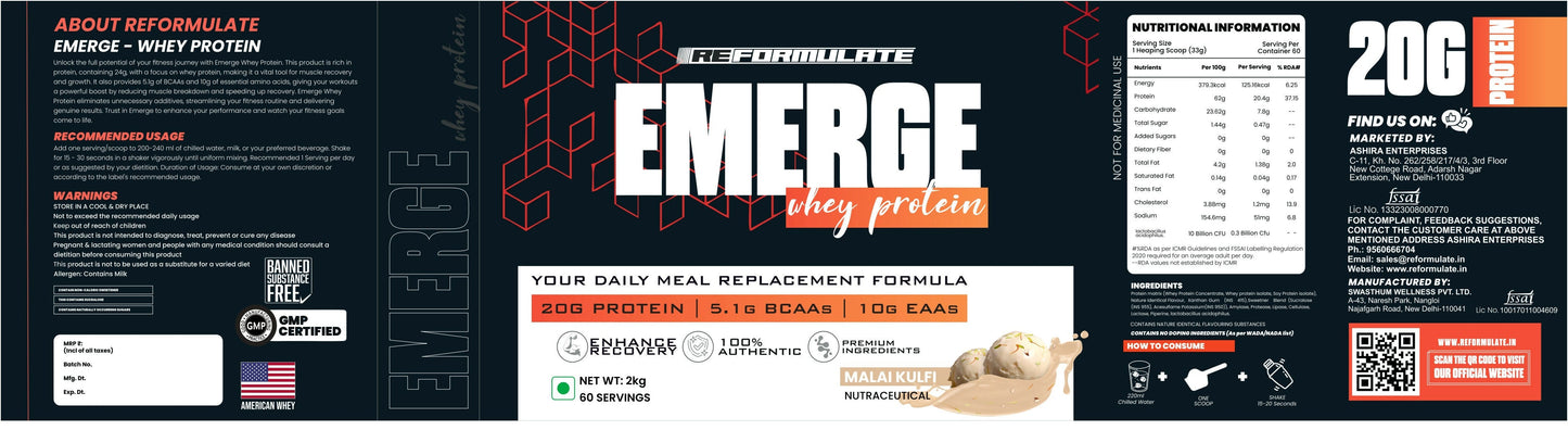 Reformulate Emerge I Whey Protein I Your Daily Meal Replacement Formula I 20 G I Protein I 5.1 G Bcaa's I 10 G Eaa's - Malai Kulfi
