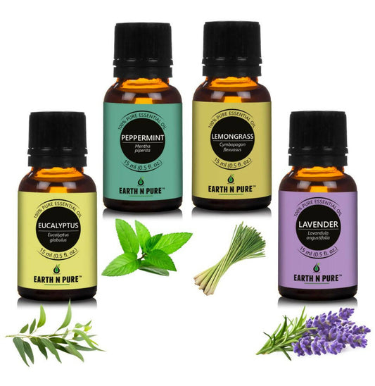 Earth N Pure Essential Oils (Eucalyptus, Lemongrass, Lavender & Peppermint) Combo