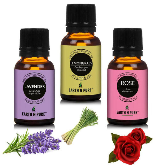 Earth N Pure Essential Oils (Lavender, Lemongrass & Rose) Combo