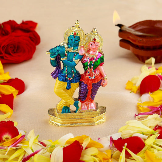 Buy Estele Gold-Polished Devotional Shree Radha Krishna Idol with Multi Color Stone Type:Enamel for Home/Car Decor