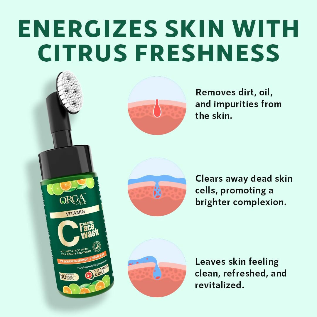Orgatre Vitamin C Foaming Face Wash with Built-in Silicon Brush, Niacinamide Foaming cleanser for Acne prone Skin