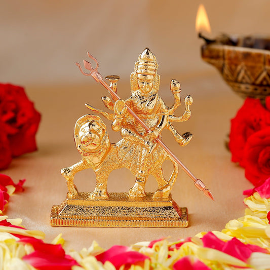 Buy Estele Gold-Polished Durga Ma Idol with sitting on lion for Pooja & Car decor