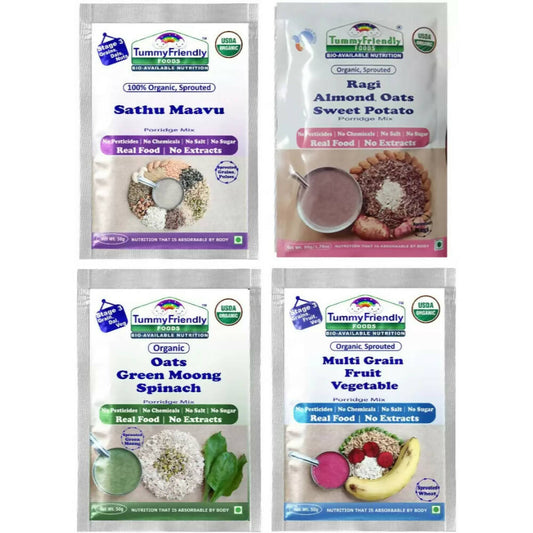 TummyFriendly Foods Certified Stage3 Porridge Mixes Trial Packs - Ragi, MultiGrain, Oats, Sathu Maavu for 8 Months Old Baby