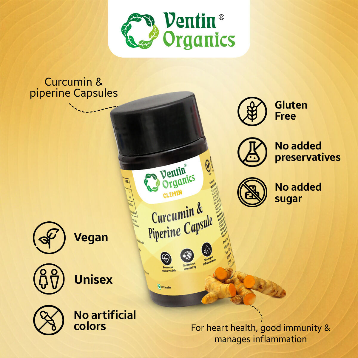 Ventin Organics Climin Curcumin with Piperine Capsules