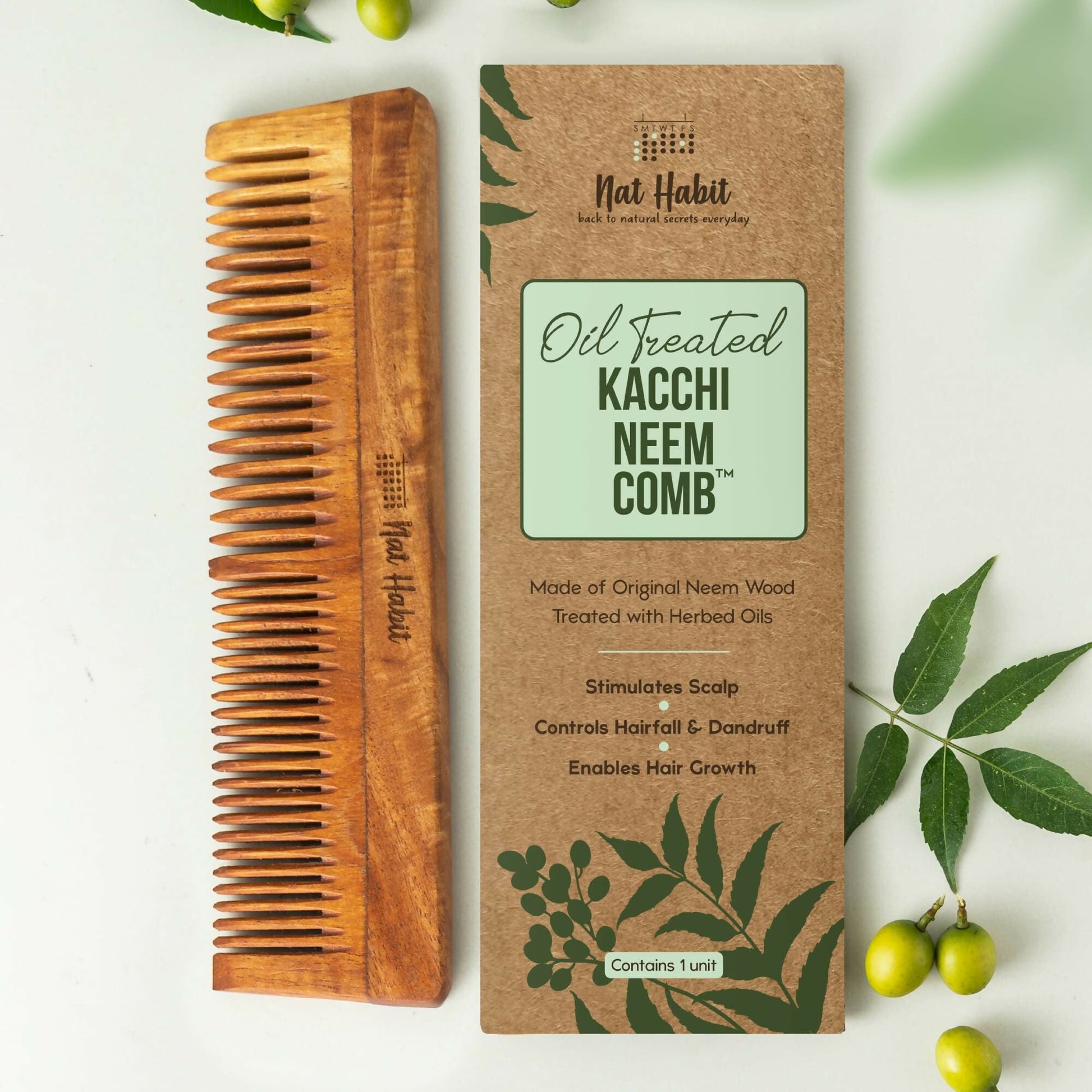 Nat Habit Kacchi Neem Wooden Comb - Soaked In 13 Herbs, Neem & Sesame Oil For Multi-Actions