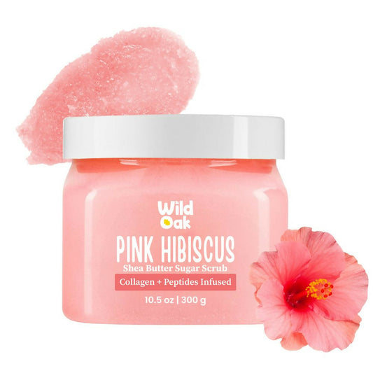 Wild Oak Pink Hibiscus Shea Butter Sugar Scrub with Ascorbic Acid, Vegan Collagen & Peptides For Tan Removal & Smooth Skin