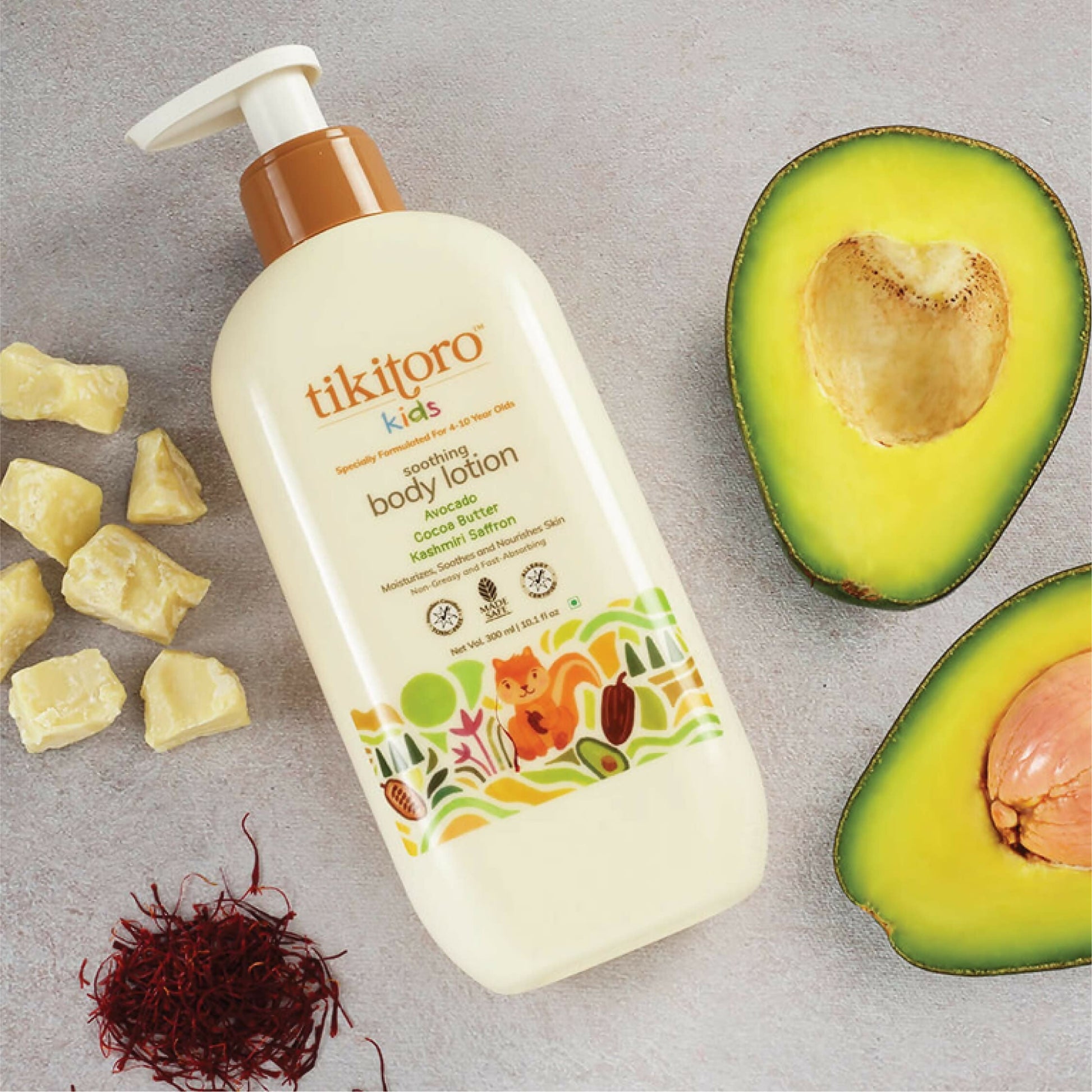 Tikitoro Kids Soothing Body Lotion 100% Vegan with Avocado, Cocoa Butter, Kashmiri Saffron Extract, Moisturizes, Soothes & Nourishes Skin