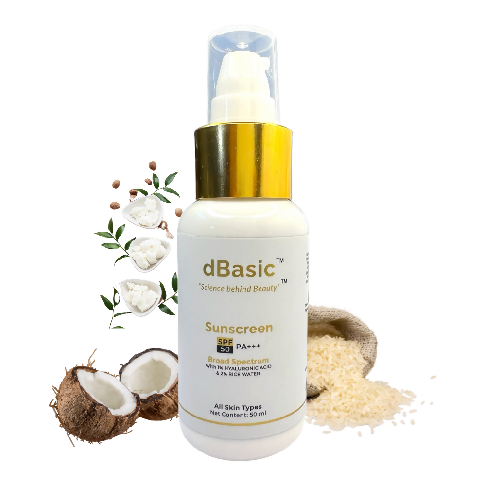 dBasic Sunscreen SPF50 PA+++ UVA/UVB, Blue Light Filter, Rice Water, Shea Butter & No White Cast