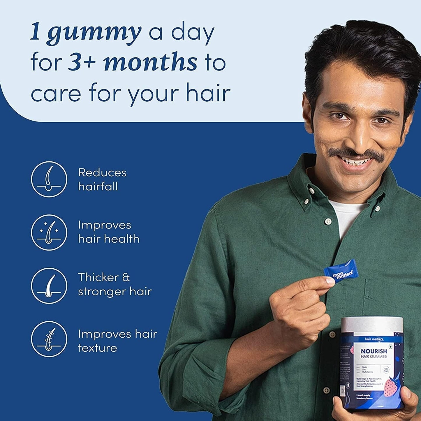 Man Matters Biotin Nourish Hair Gummies With Multivitamins (Sugar Free) - Strawberry Flavor With Zinc & Multivitamins