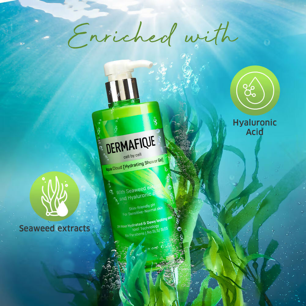 Dermafique Aqua Cloud Hydrating Shower Gel - Hyaluronic Acid, 24 hrs Hydration & Dewy-looking Skin