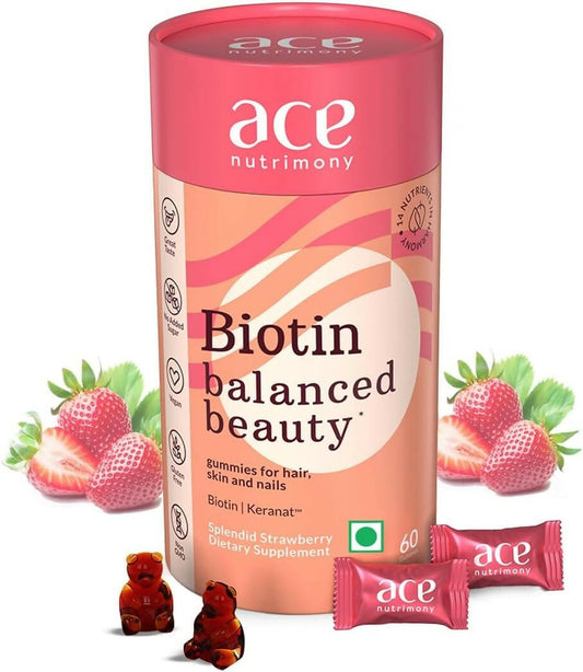 Buy Ace Nutrimony Biotin Balanced Beauty Hair Gummies for Skin and Nails with Clinically Proven Keranat, Biotin - Strawberry from DrMediCart, Ship from India to USA