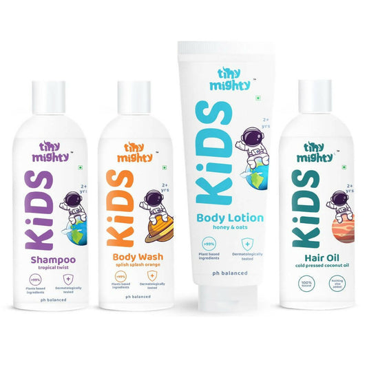 Tiny Mighty Plant Based And Natural Kids Shampoo, Body Lotion, Body Wash & Hair Oil Combo