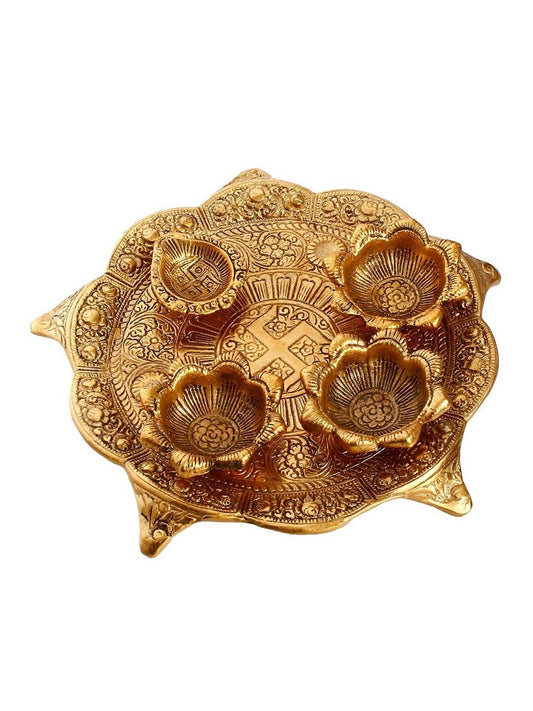 eCraftIndia Gold-Toned Swastik Pooja Thali Bowl & Diya Showpiece
