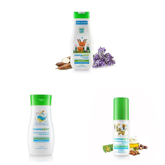 Mamaearth Dusting Powder & Soothing Massage Oil & Deeply Nourishing Wash for Babies
