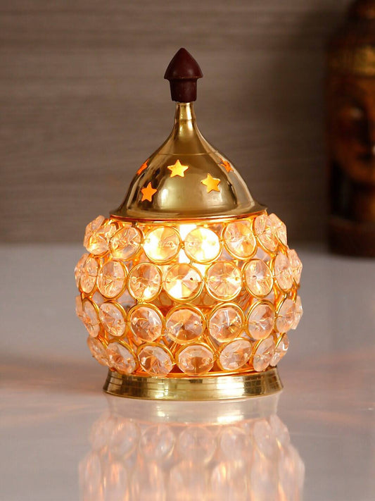 eCraftIndia Gold -Toned & Transparent Crystal & Brass Akhand Diya